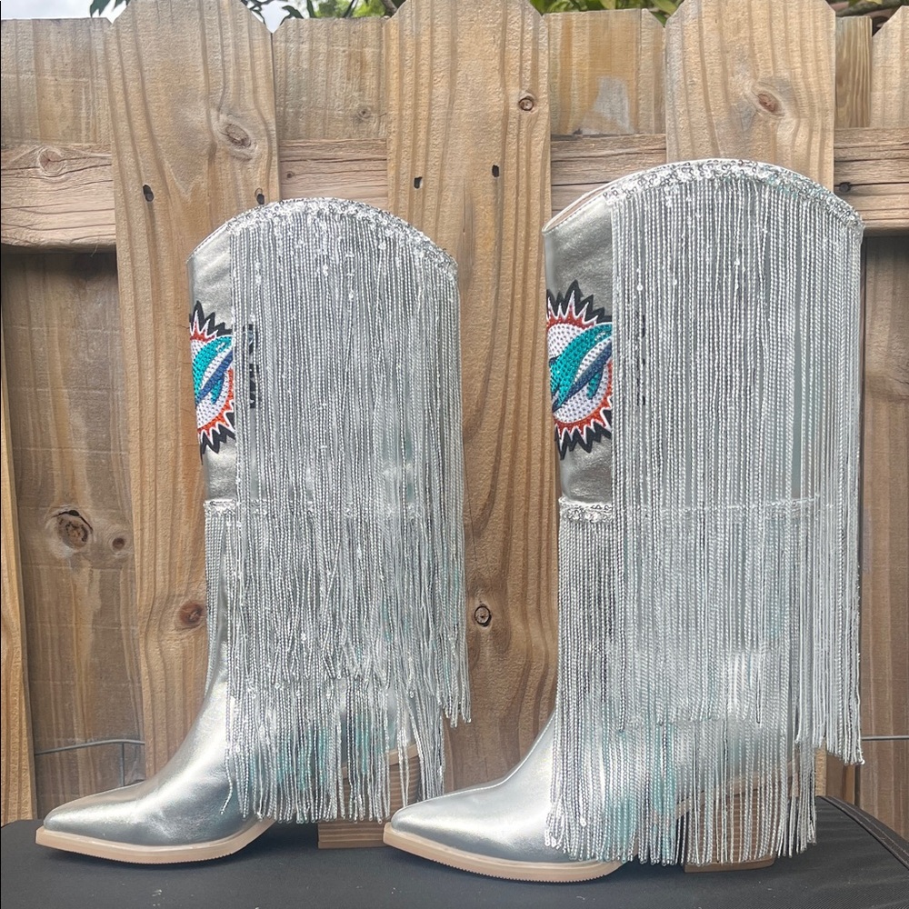 Silver Fringe Boots with Dolphin Logo